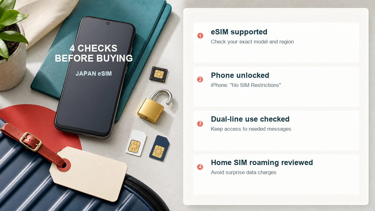 Japan eSIM purchase checklist covering phone compatibility carrier unlock dual-line use and home SIM roaming