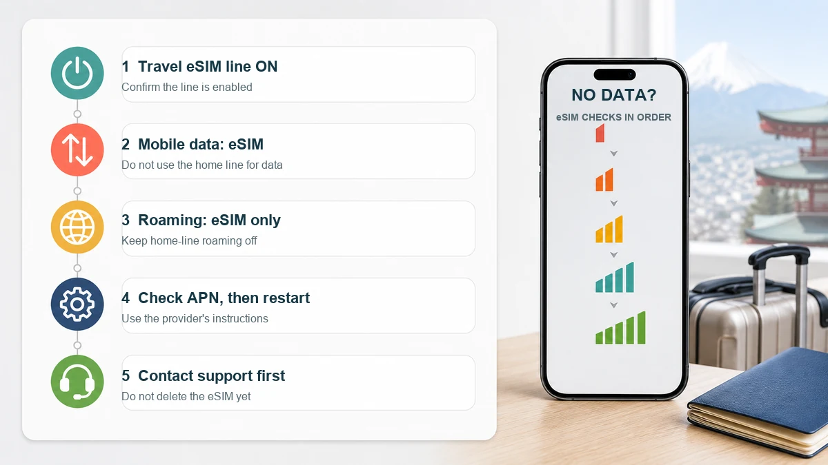 Japan eSIM connection troubleshooting order covering eSIM line mobile data roaming APN restart and provider support