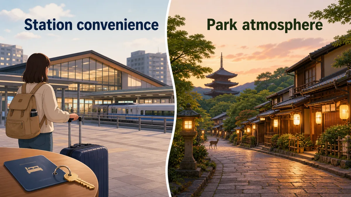 Nara hotel location concept comparing station convenience and park atmosphere for first time visitors