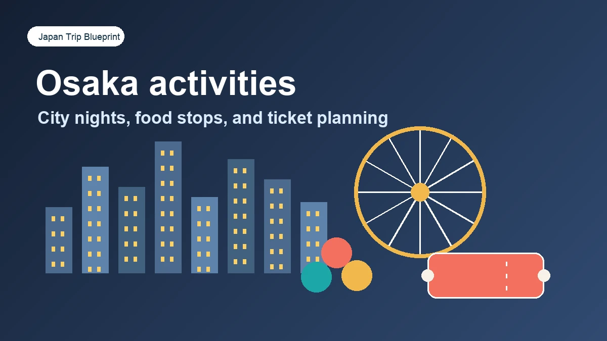 Osaka activities booking concept with city lights food and travel tickets