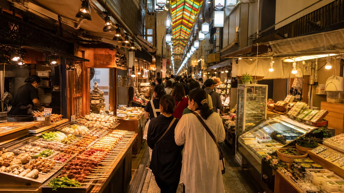 Nishiki Market food stalls in Kyoto with local snacks and souvenir foods