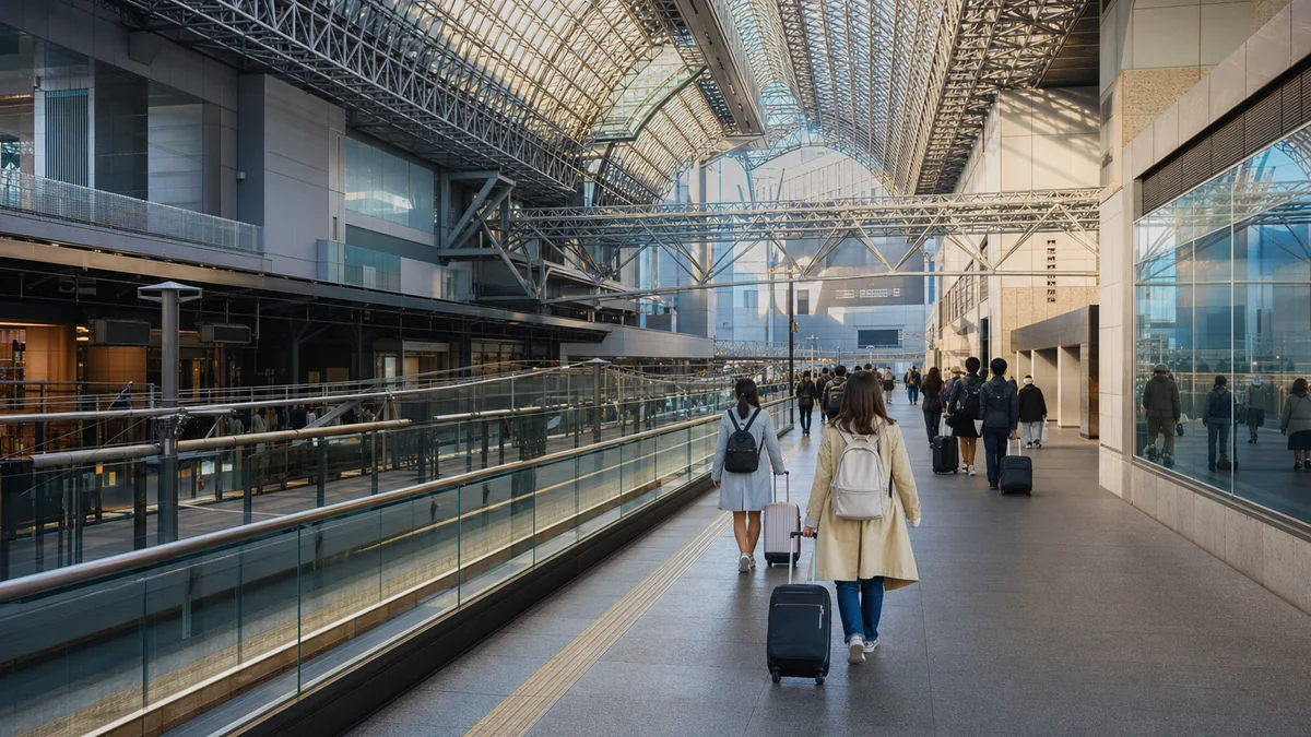 Travelers with luggage arriving inside Kyoto Station after the Haruka airport train from Kansai Airport