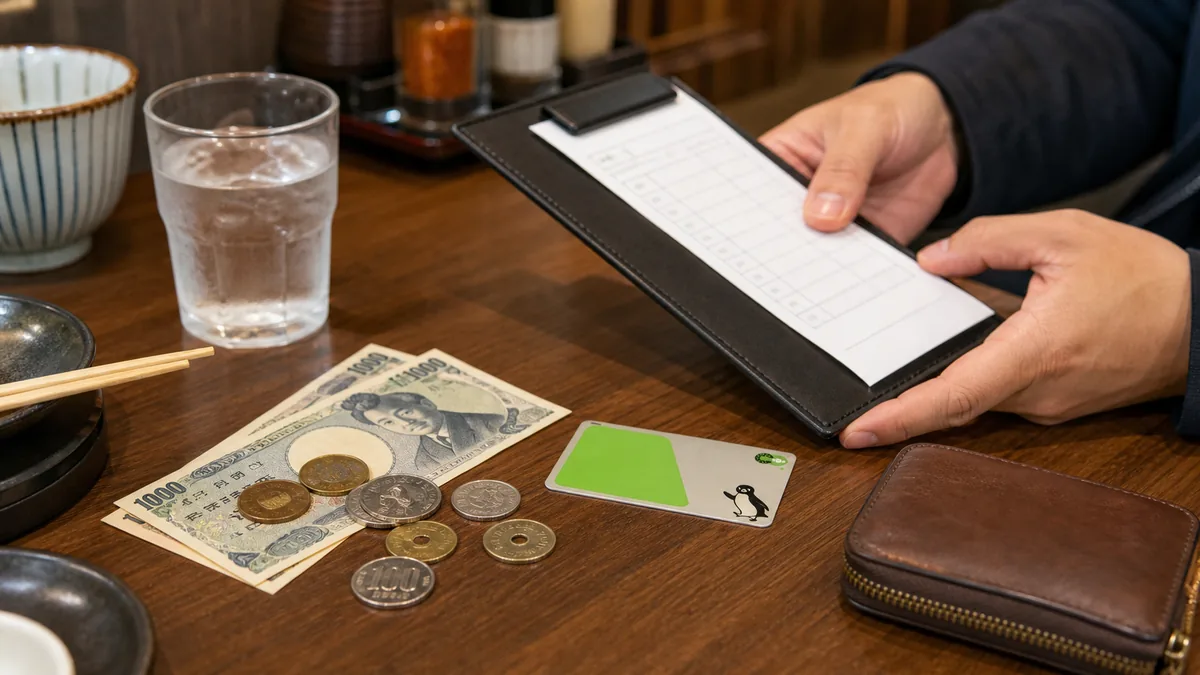 Yen cash coins IC transit card and bill slip on a casual Japanese restaurant table