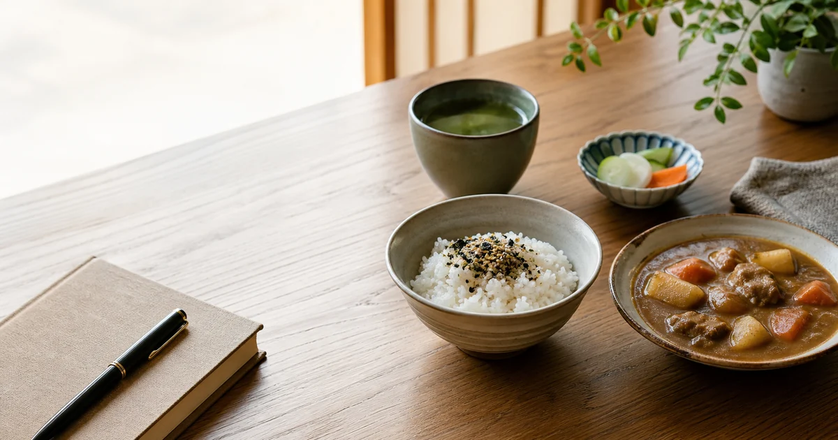 Japanese curry rice furikake green tea and stationery on a home table for Japan-at-home shopping ideas