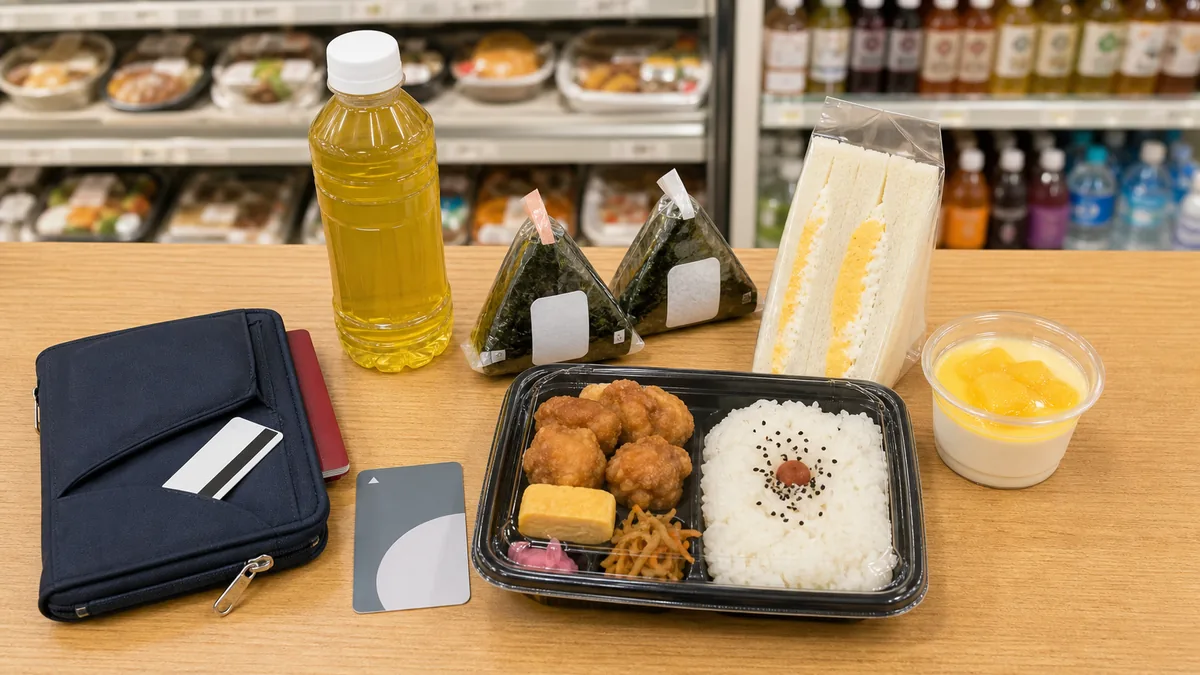 Japanese convenience store meal set with onigiri egg sandwich bento green tea and dessert for a late arrival