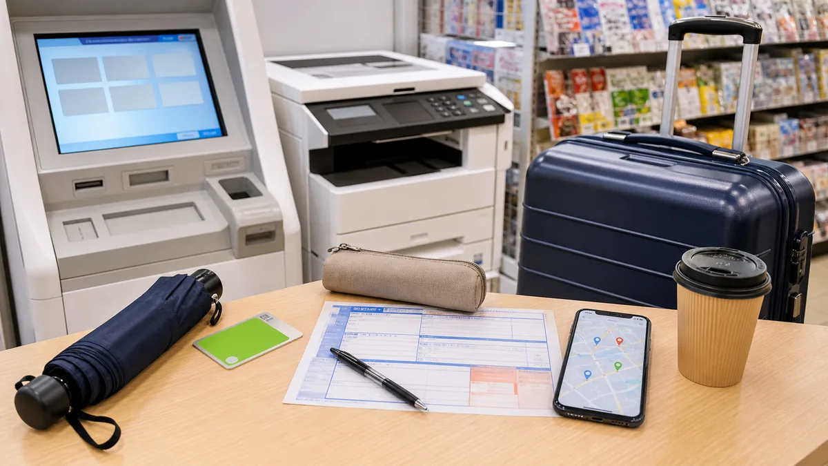 Japanese convenience store travel services including ATM copier luggage forwarding umbrella and IC card top up