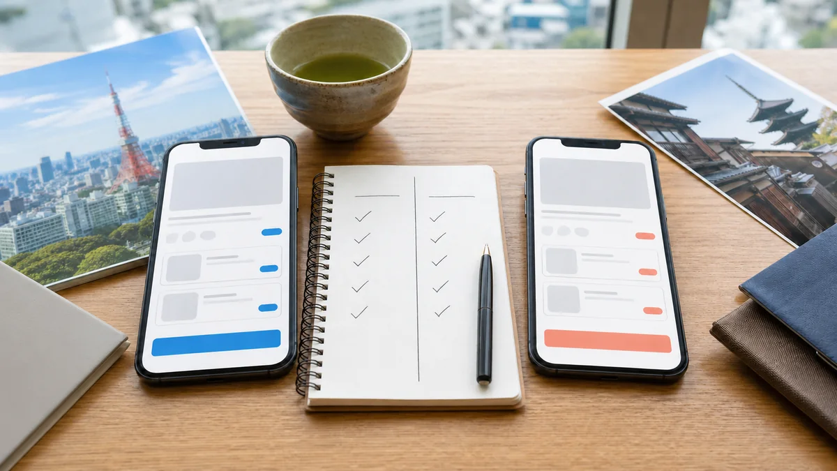 Side-by-side Japan activity booking comparison using two phones and a checklist