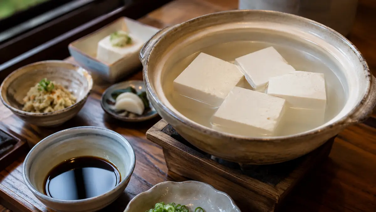 Yudofu simmering in an earthenware pot with dipping sauce and condiments