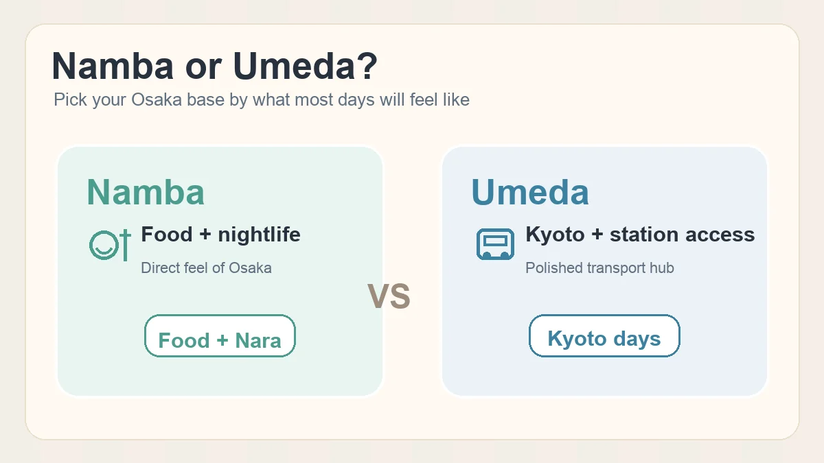 Namba and Umeda comparison for first-time Osaka visitors showing food nightlife and Kyoto day trip priorities