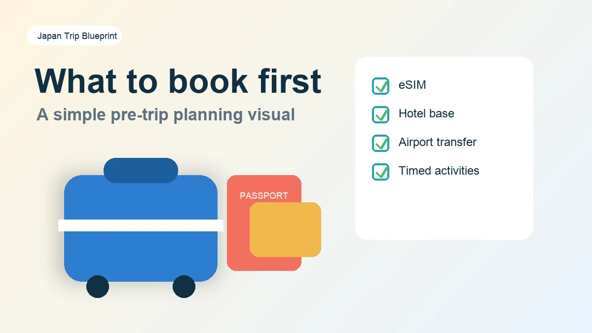 First Japan trip booking checklist with a suitcase phone and planning notes