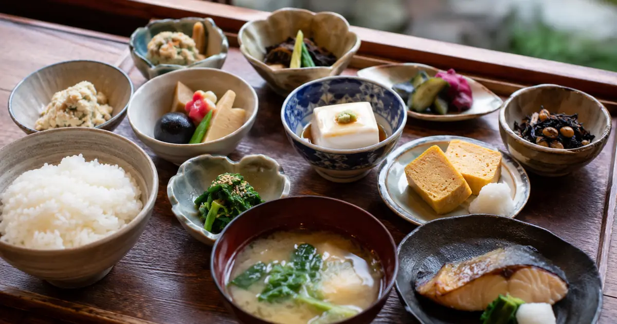 A Kyoto obanzai set meal of small seasonal side dishes with rice and miso soup